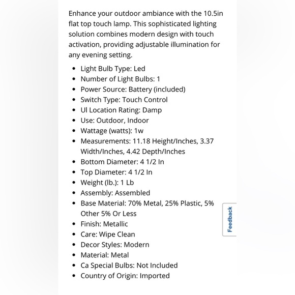 MERKURY INNOVATIONS 10.5"  Flat Top Outdoor Touch Metal Table Lamp in Black - Picture 5 of 5